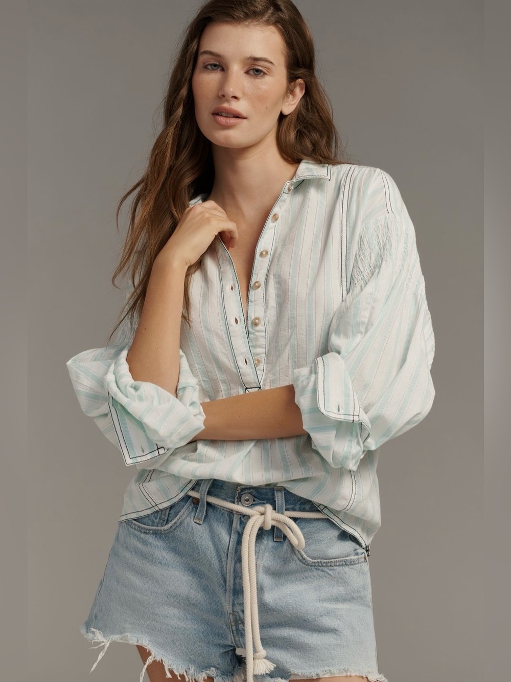 NEW Anthropologie  Pilcro Cotton Relaxed Henley Buttondown Shirt Size S